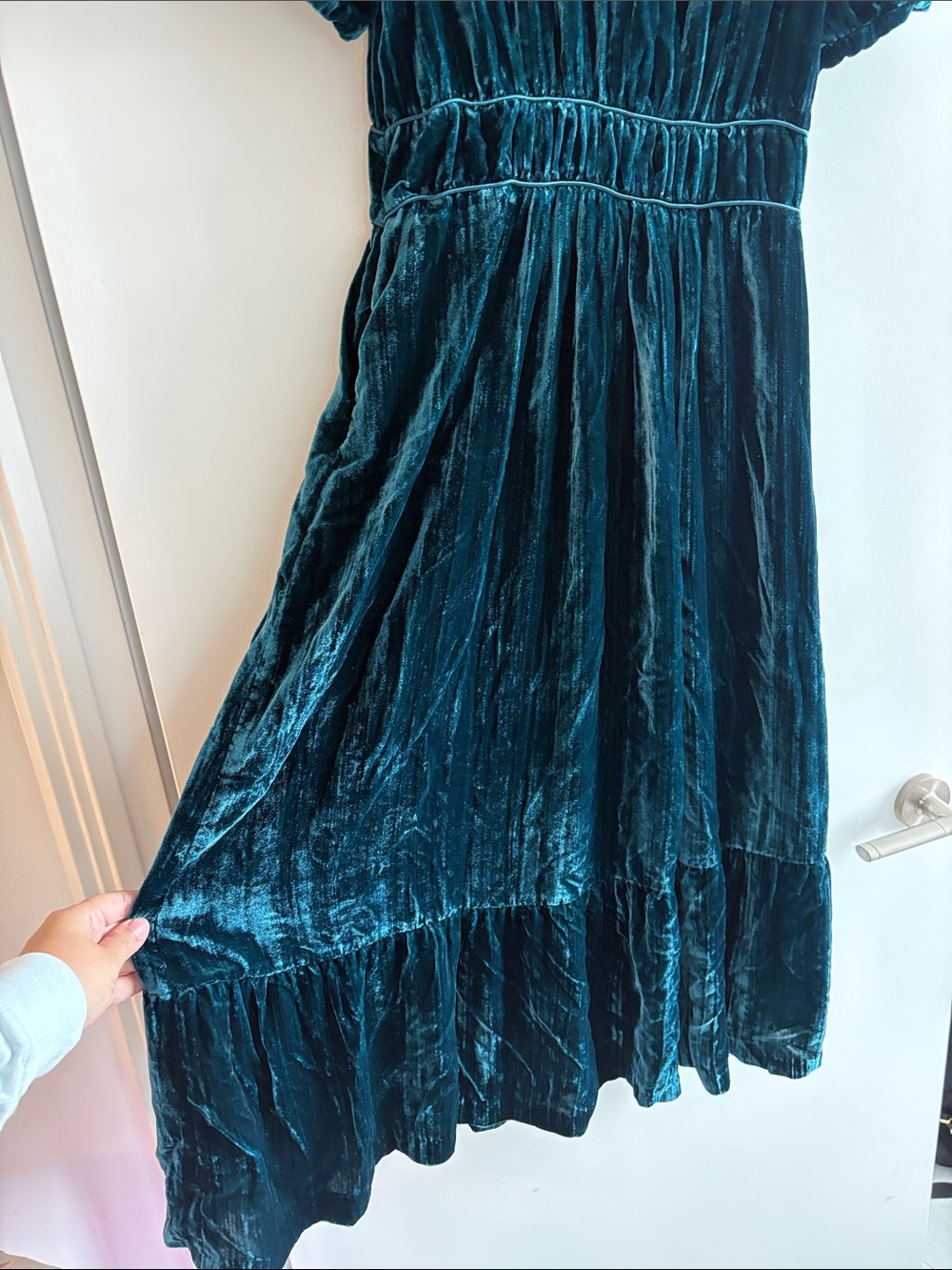 Michael Kors Teal Velvet V-Neck Puff Sleeve Maxi Dress - Picture 7 of 13
